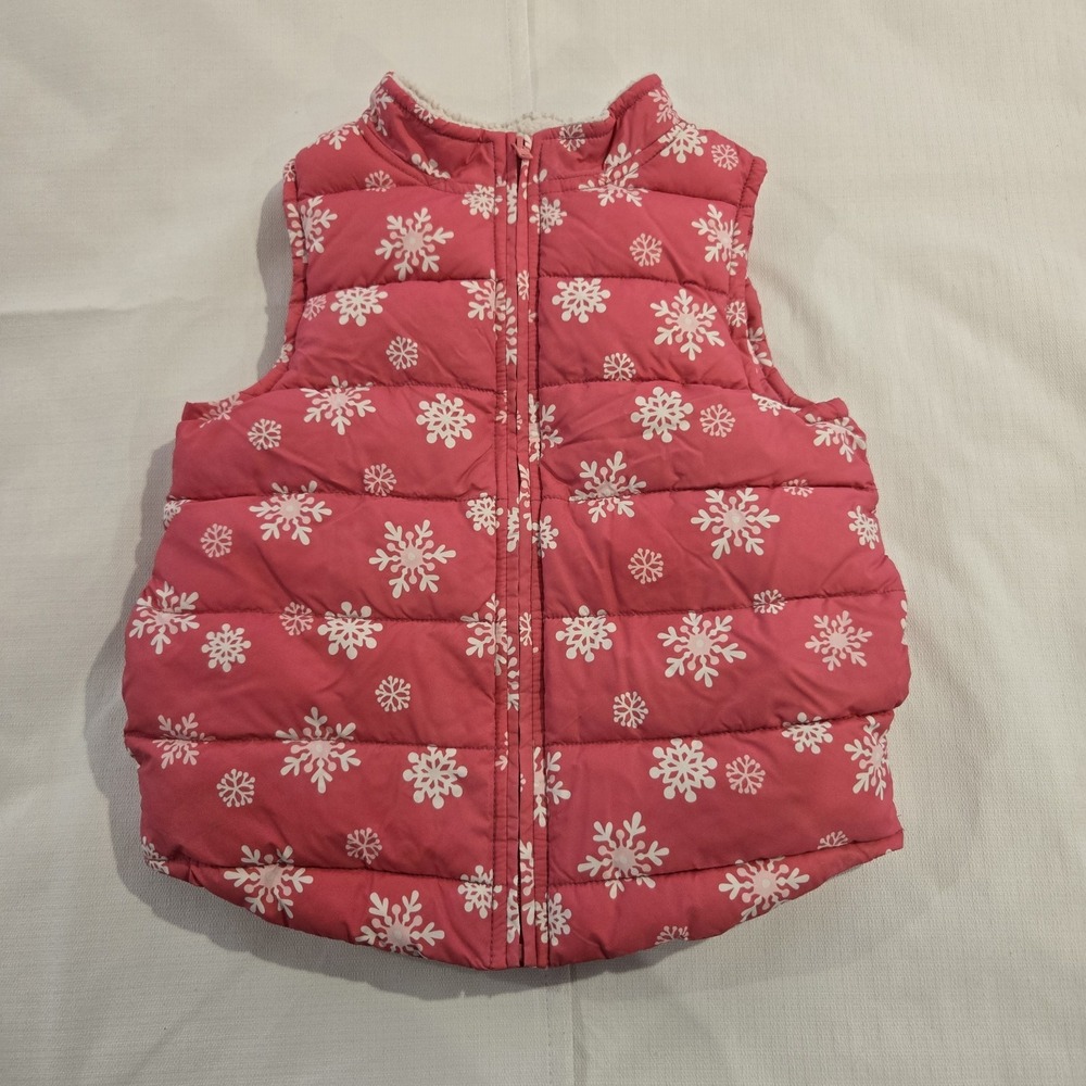Gymboree Girl's Puffer Vest Jacket Sherpa Collar Pink With Snowflakes Size Large